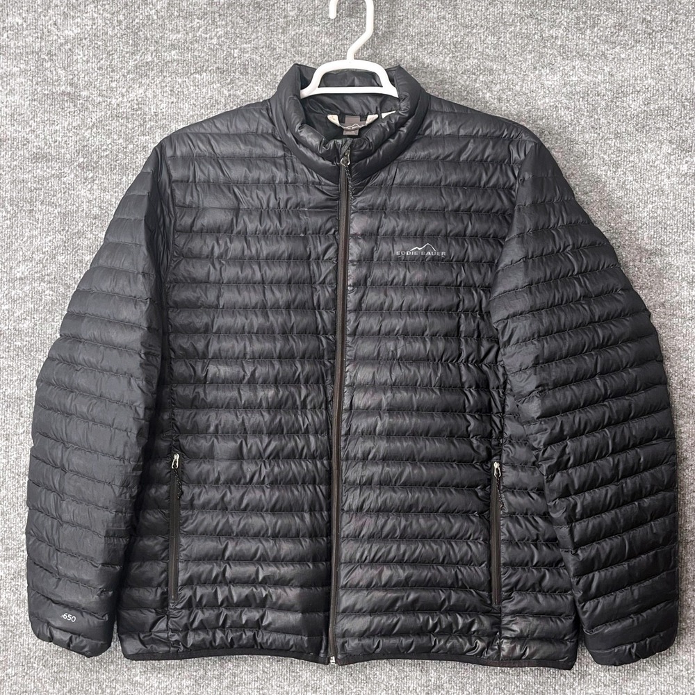 Eddie‎ Bauer Mens EB650 Down Puffer Jacket XL Black Full Zip Quilted Outdoors